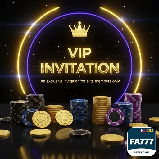 fa777 VIP invitation card with casino chips on a black table